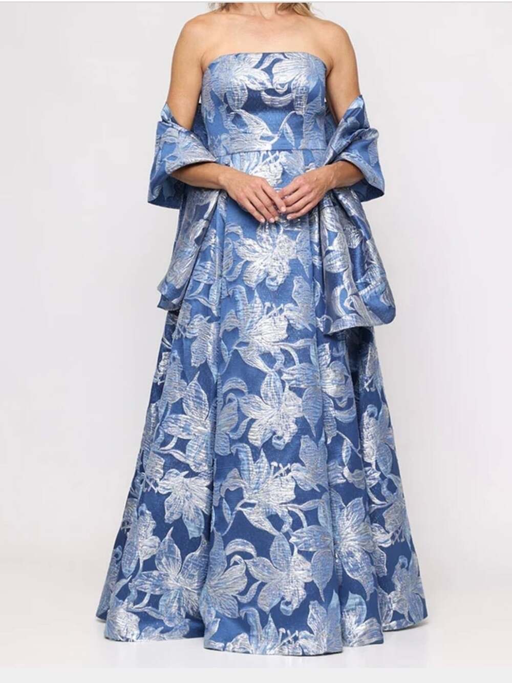 Alex Evenings Strapless Jacquard Gown with Shawl Blue Silver Floral
